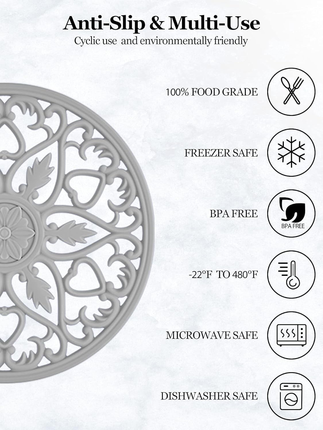 SMARTAKE 6 Set Silicone Trivets, Multi-Use Carved Trivet, Insulated Non-Slip Durable Kitchen Mat, Flexible Modern Kitchen Table Mat, for Hot Dishes, Pots, Dining Countertop, Grey