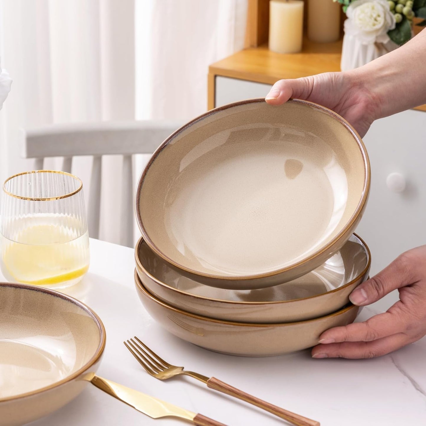 AmorArc 8.5'' Large Pasta Bowls, 36oz Ceramic Pasta Serving Bowls Set of 6 for Kitchen, Wide Bowls for Pasta,Salad,Oatmeal, Microwave Safe, Latte