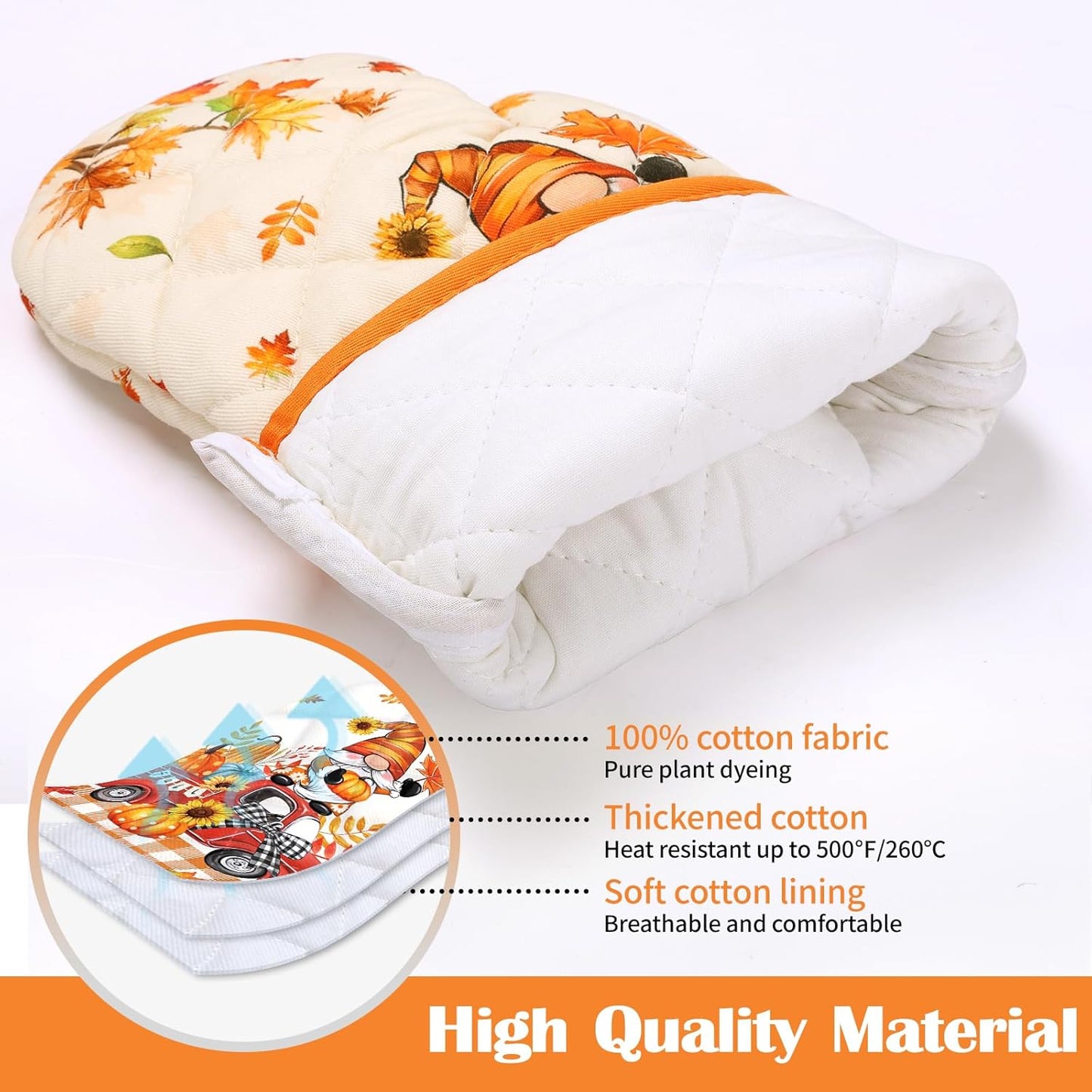 Fall Pumpkin Gnome Oven Mitts and Pot Holders Sets 2Pcs, 100% Cotton Heat Resistant, Extra Long Oven Gloves Potholder for Thanksgiving Kitchen Cooking Baking Decoration