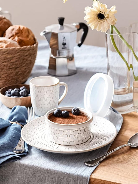 LE TAUCI Ramekins Oven Safe with Lids, 6 oz Ramikin Set for Creme brulee, Souffle, Dipping Sauces, Ceramic Food Storage Containers, Baking Dishes - 4.2 inch, Set of 4, Arctic White