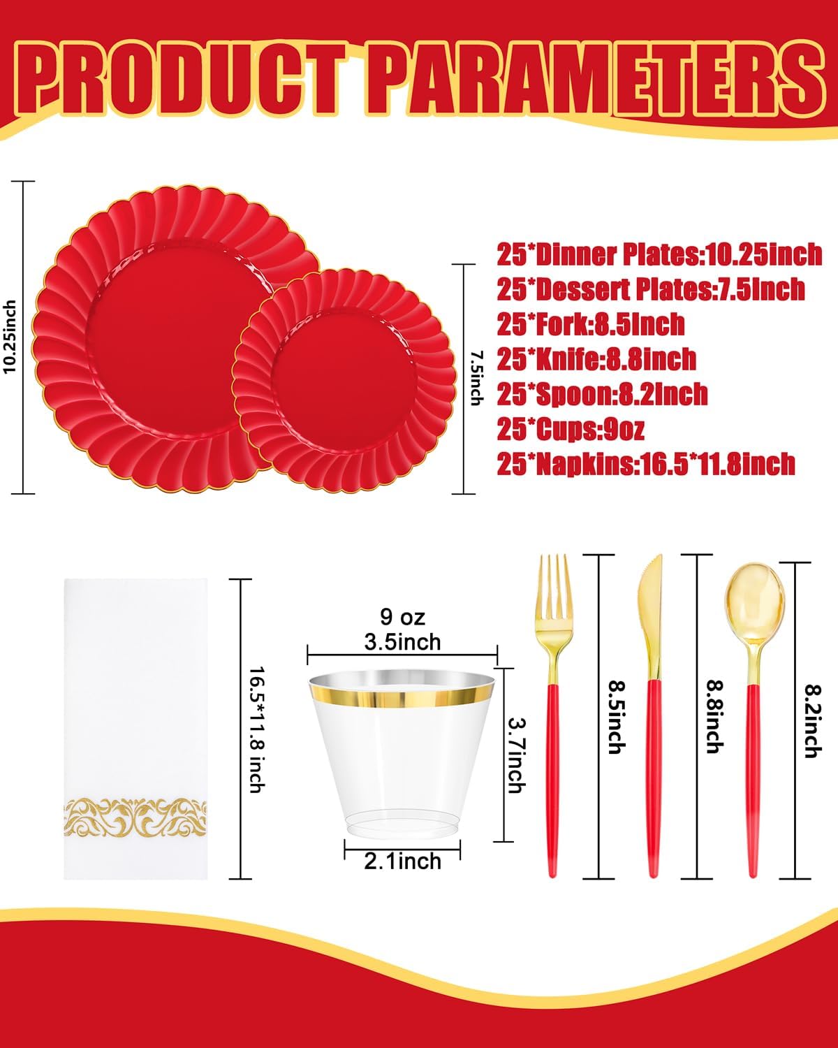 Ciaell 175 PCS Red Scalloped Plastic Plates with Gold Trim - Red Plastic Silverware with Handle - Fancy High-End Dinnerware Sets for Wedding & Showers & Party & Christmas (25 Guests)