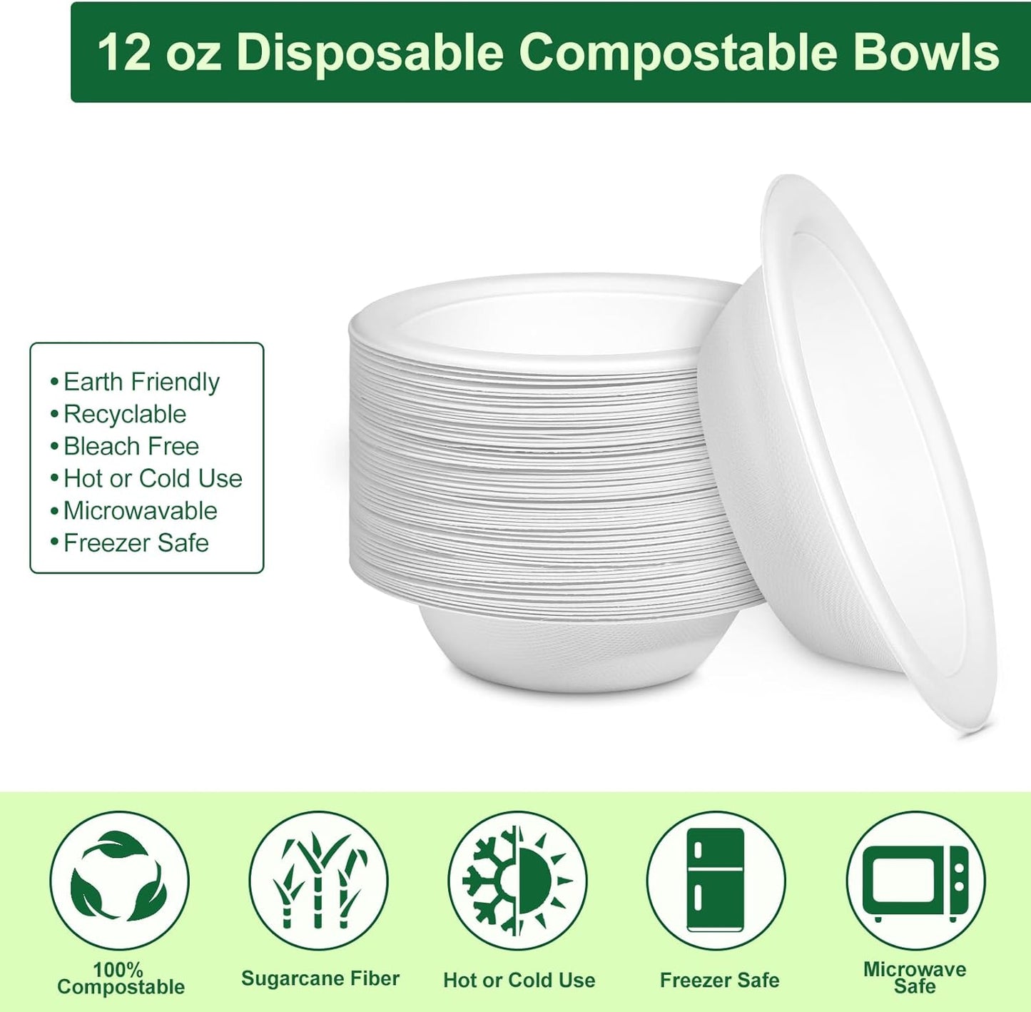 Paper Bowls 12oz, Disposable Bowls Heavy Duty, 250-Pack 100% Compostable Disposable Soup Bowl, Biodegradable Bagasse Hot Food Plates and Bowls -White