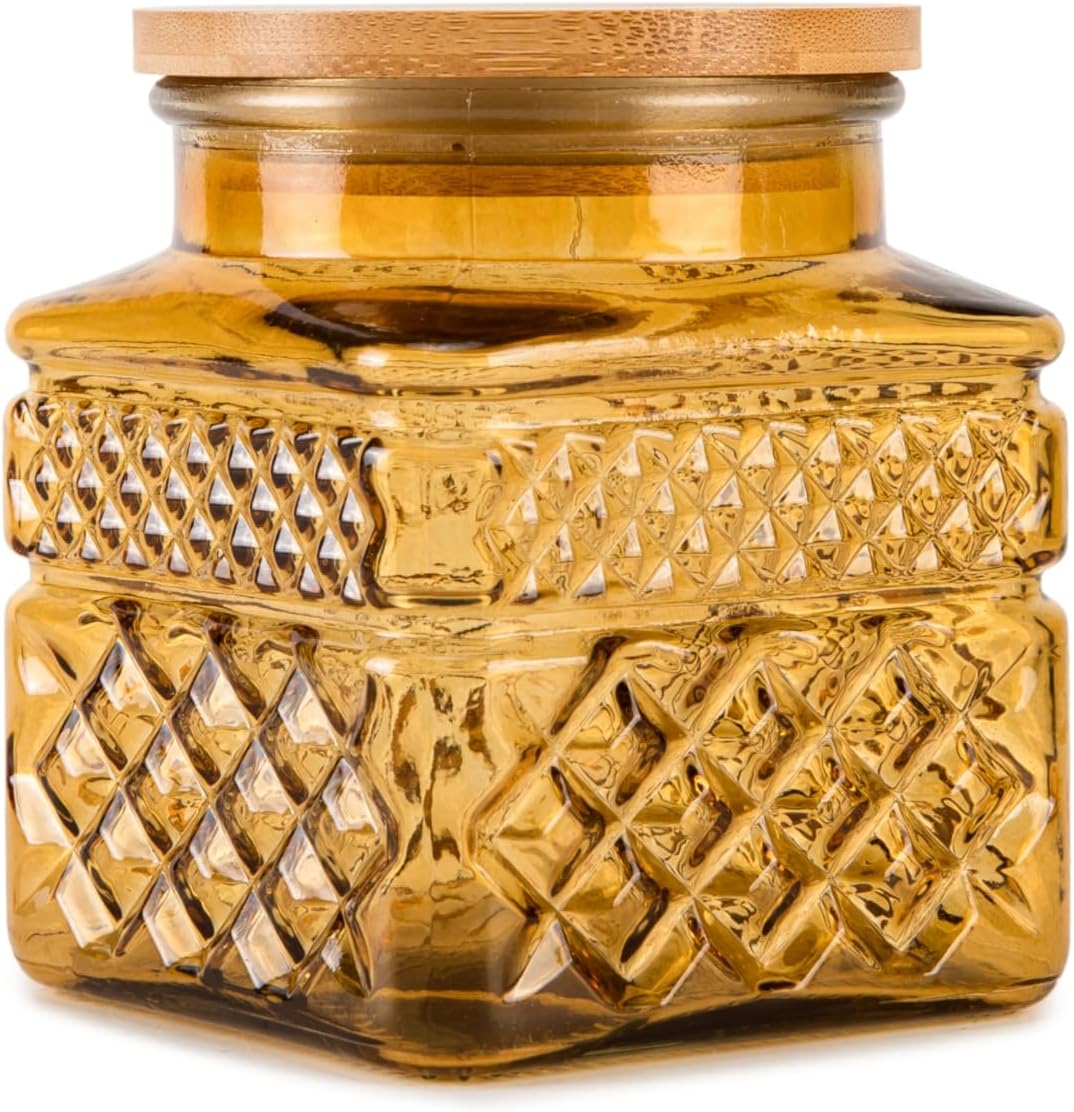 Glass Storage Canister with Airtight Lids, 20.3 oz Candy Jar Cute Jar for Ground Coffee, Tea Bag, Snacks Vintage Decorative Glass Jars for Coffee Bar Kitchen Counter Table