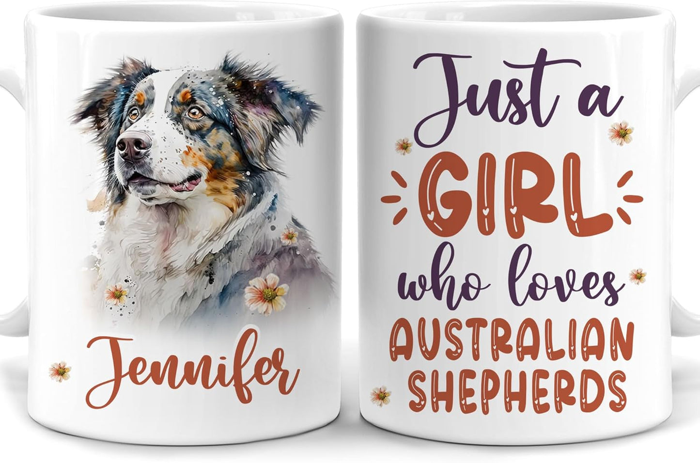 Hyturtle Personalized Gifts Dog Lover - Just A Girl Who Loves Australian Shepherds Custom Name Ceramic Coffee Mug Cup 11oz - Idea Cute Dog Lover Gifts For Women, Girl On Birthday, Christmas