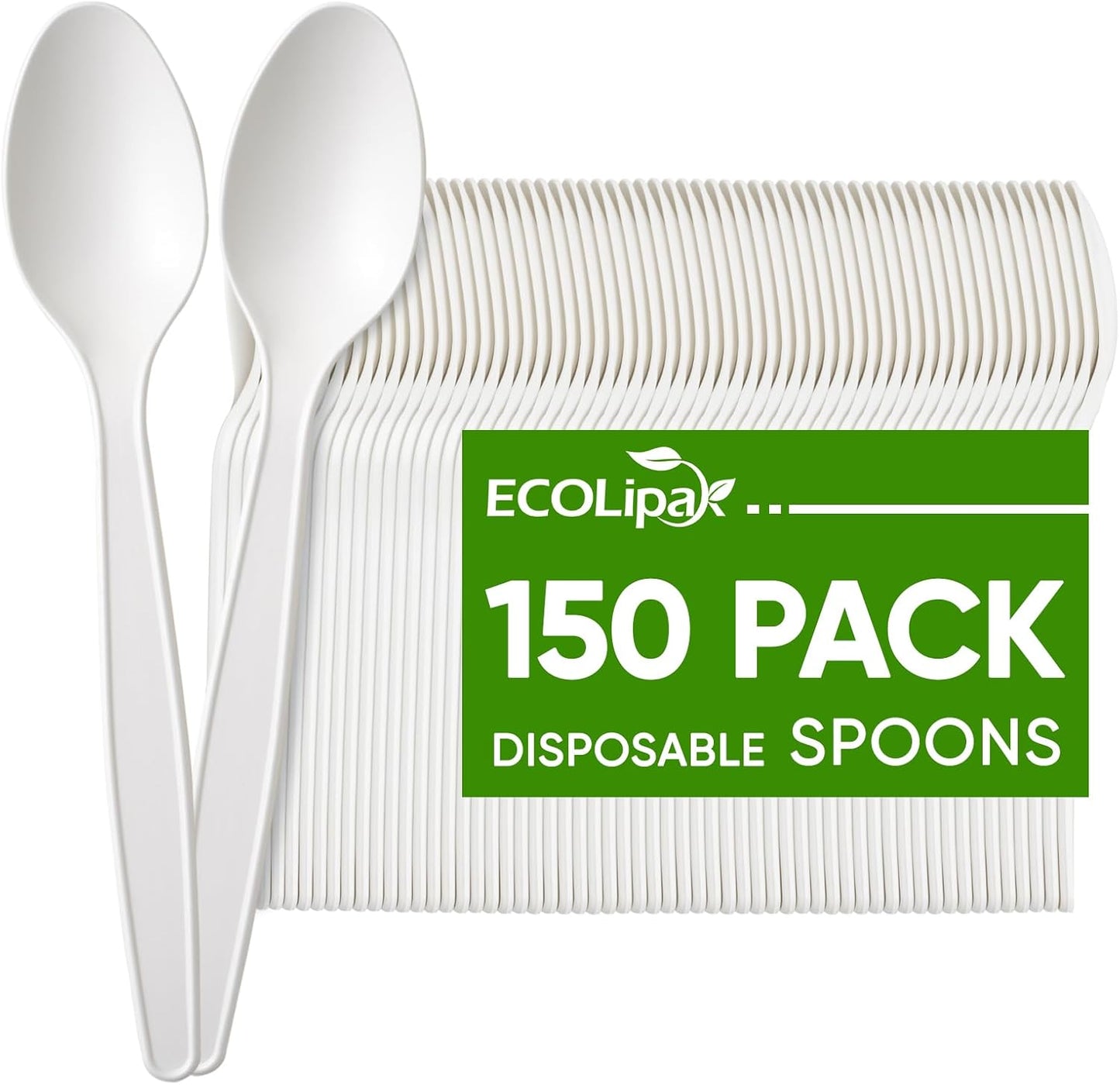 ECOLipak 150 Pcs White Disposable Spoons, 6.7 Inch Large Size Heavy Duty No Plastic Spoons for Party, BBQ, Picnic
