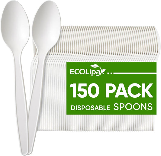ECOLipak 150 Pcs White Disposable Spoons, 6.7 Inch Large Size Heavy Duty No Plastic Spoons for Party, BBQ, Picnic