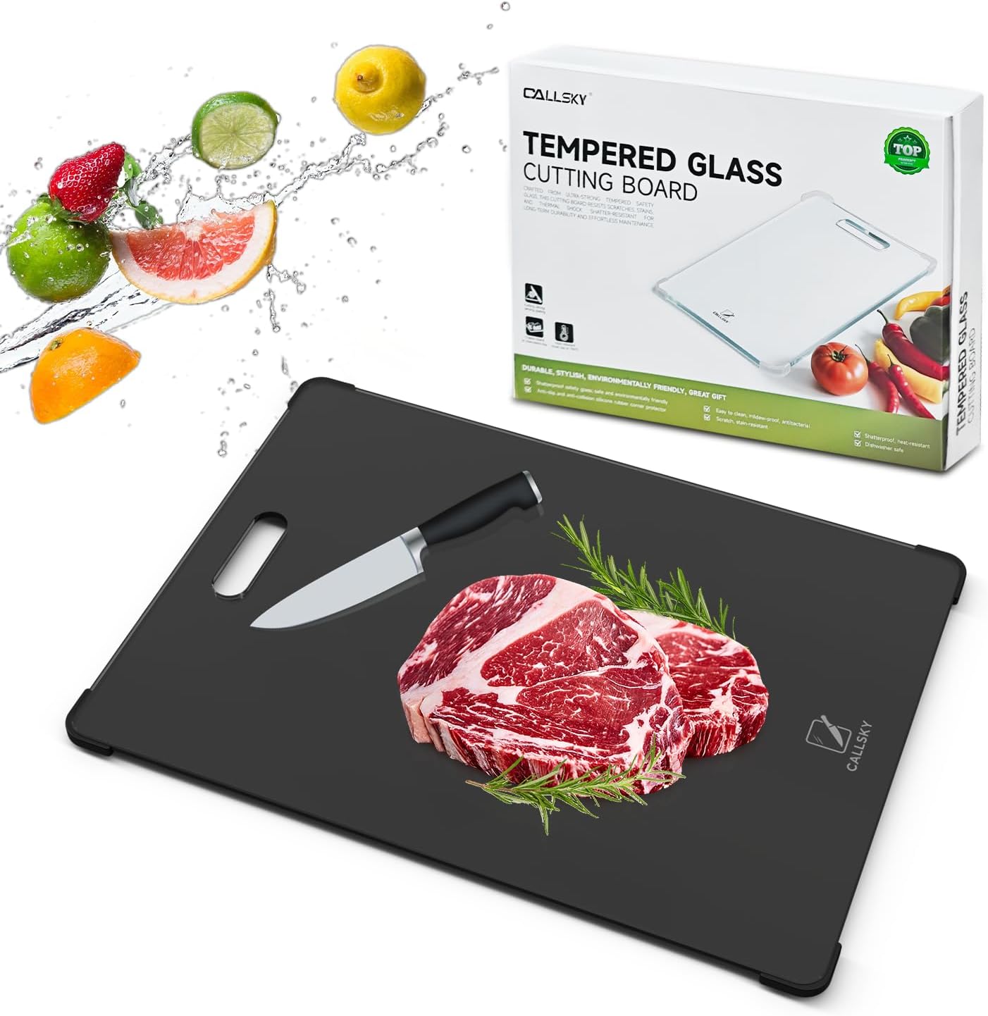 Tempered Glass Cutting Board Set, Large 16"x12" Glass Cutting Board for Kitchen with 4 Non-Slip Feet, Heat & Shatter Resistant Glass Cutting Board Dishwasher Safe, Perfect Kitchen Gift & Decor-Black