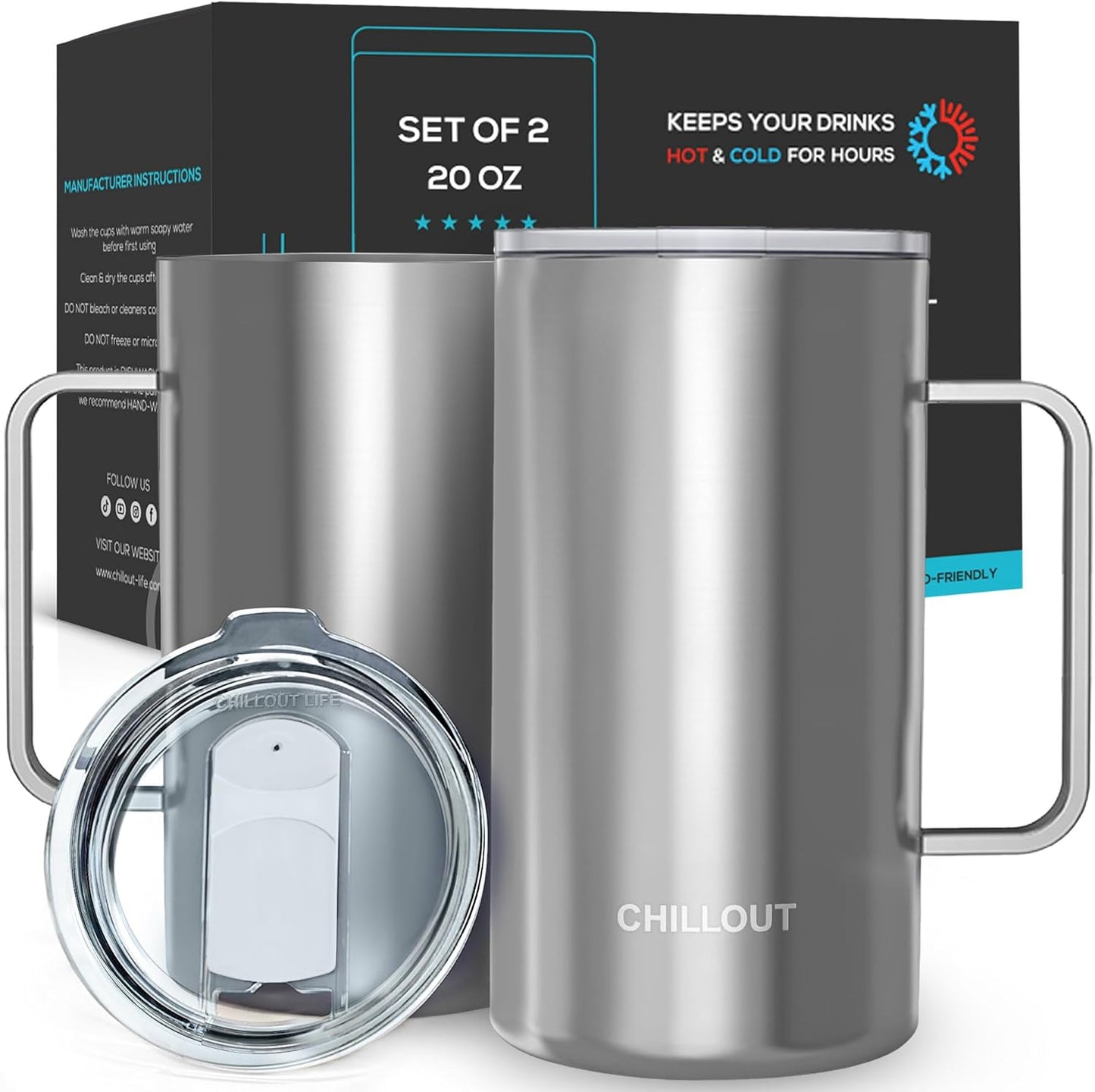 CHILLOUT LIFE Stainless Steel Vacuum Insulated Coffee Mug 16 oz (Set of 2) with Handle and Lid, Large Thermal Camping Coffee Mugs with Sliding Lid for Men & Women, Keeps Your Beverages Hot & Cold