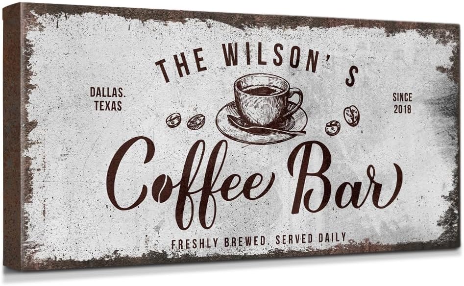 IPIC - Custom Tailored Canvas Coffee Bar Sign, Personalized Wall Art Decor with Family Name, Small Canvas Signage for Home, Kitchen, Coffee Station, Business, and Office