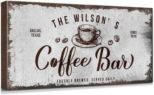 IPIC - Custom Tailored Canvas Coffee Bar Sign, Personalized Wall Art Decor with Family Name, Small Canvas Signage for Home, Kitchen, Coffee Station, Business, and Office