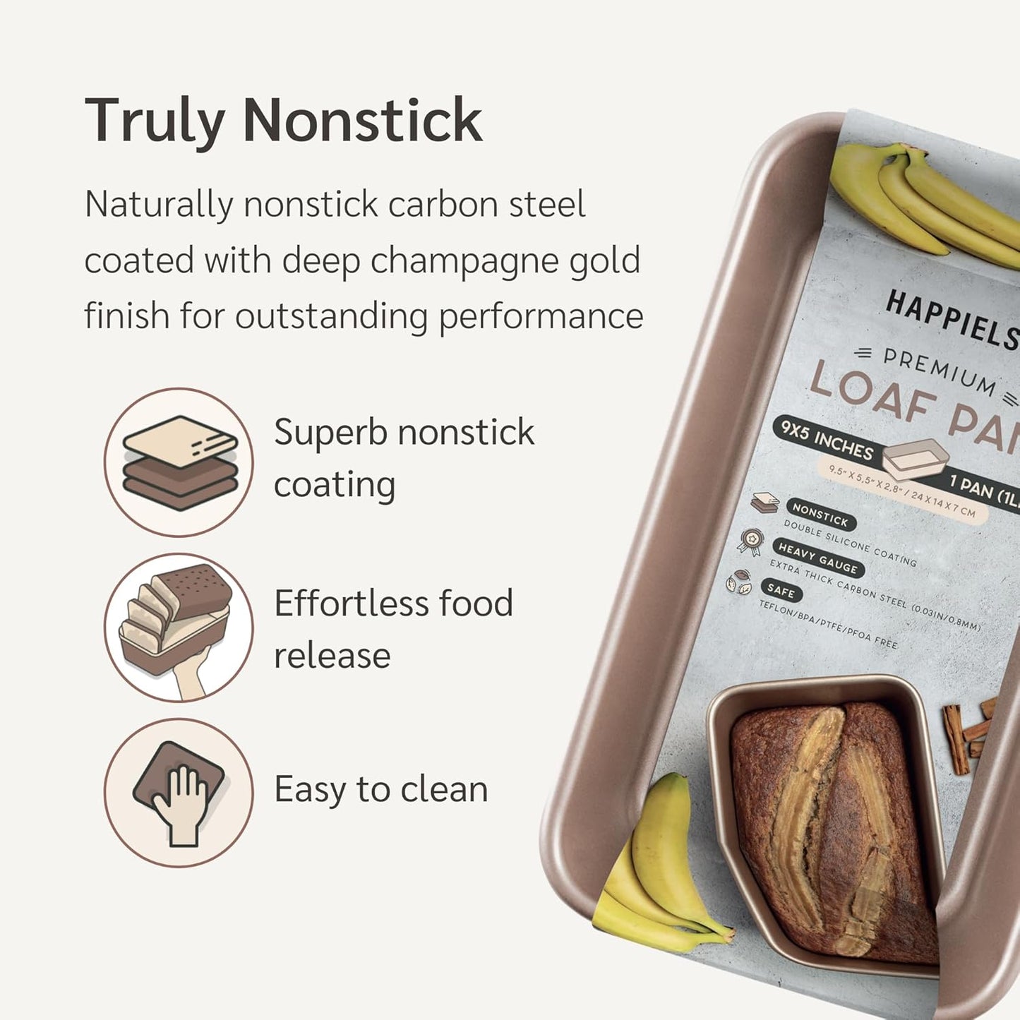 HAPPIELS Nonstick 9x5 inch Bread Loaf Pan for Oven | PFOA & BPA Free Non Toxic Loaf Tin | Molds for Baking | Best 9 x 5 Non stick Bakeware | Nontoxic 5x9 Banana Bread Mold Pans & Tins