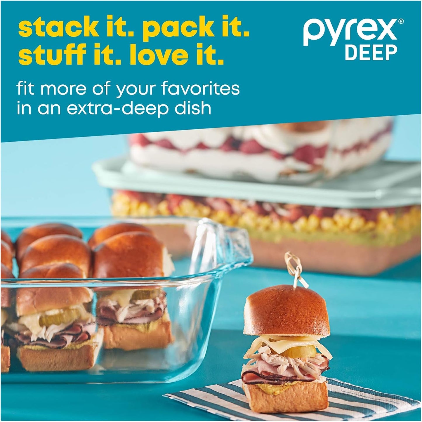 Pyrex Deep 3-Pack Glass Baking Dish Set (9"x13", 7"x11", 8"x8") With BPA-Free Lids, Rectangular Glass Bakeware, Dishwasher, Microwave, Freezer & Pre-Heated Oven Safe