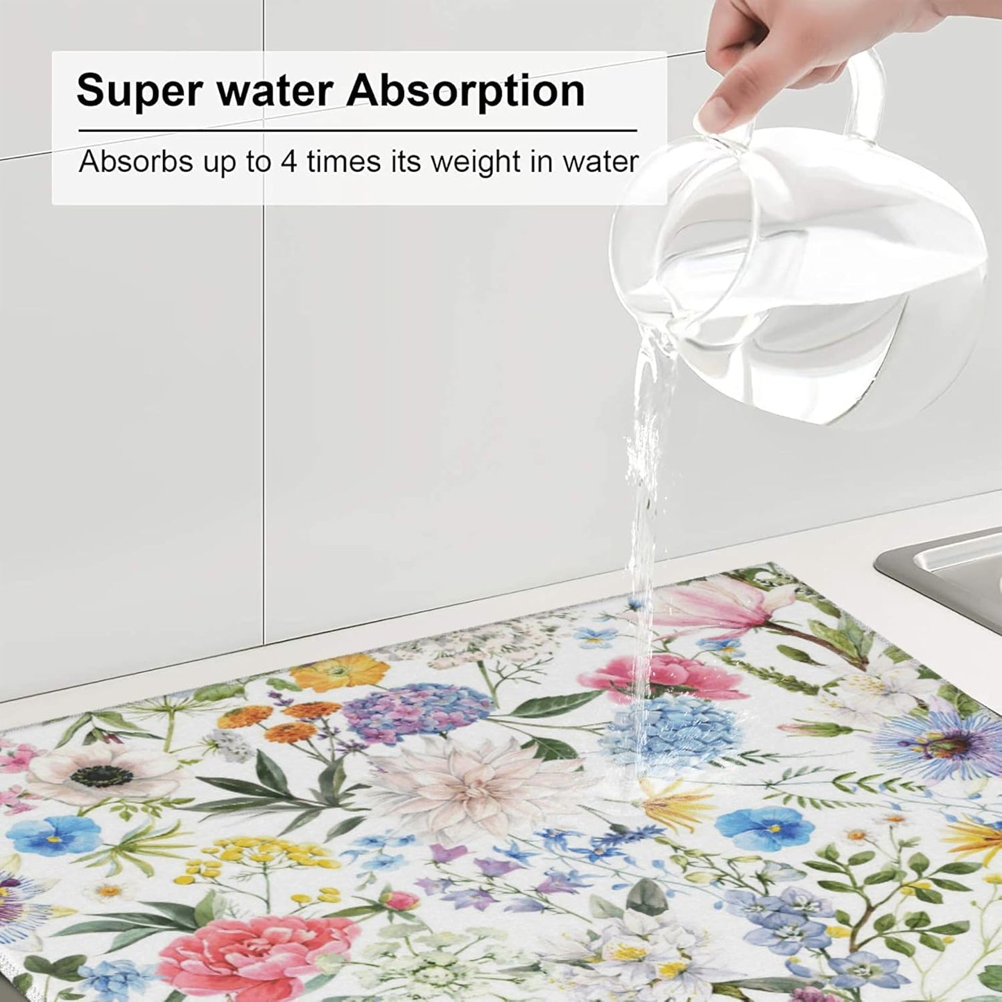 Colorful Flowers Dish Drying Mat for Kitchen Counter, 16"x18" Microfiber Absorbent Fast Dry Mat, 2Pcs Dish Mat Faucet Mats Sets, Large Drying Kitchen Mat Kitchen Drying Pad Coffee Bar Decor Gifts