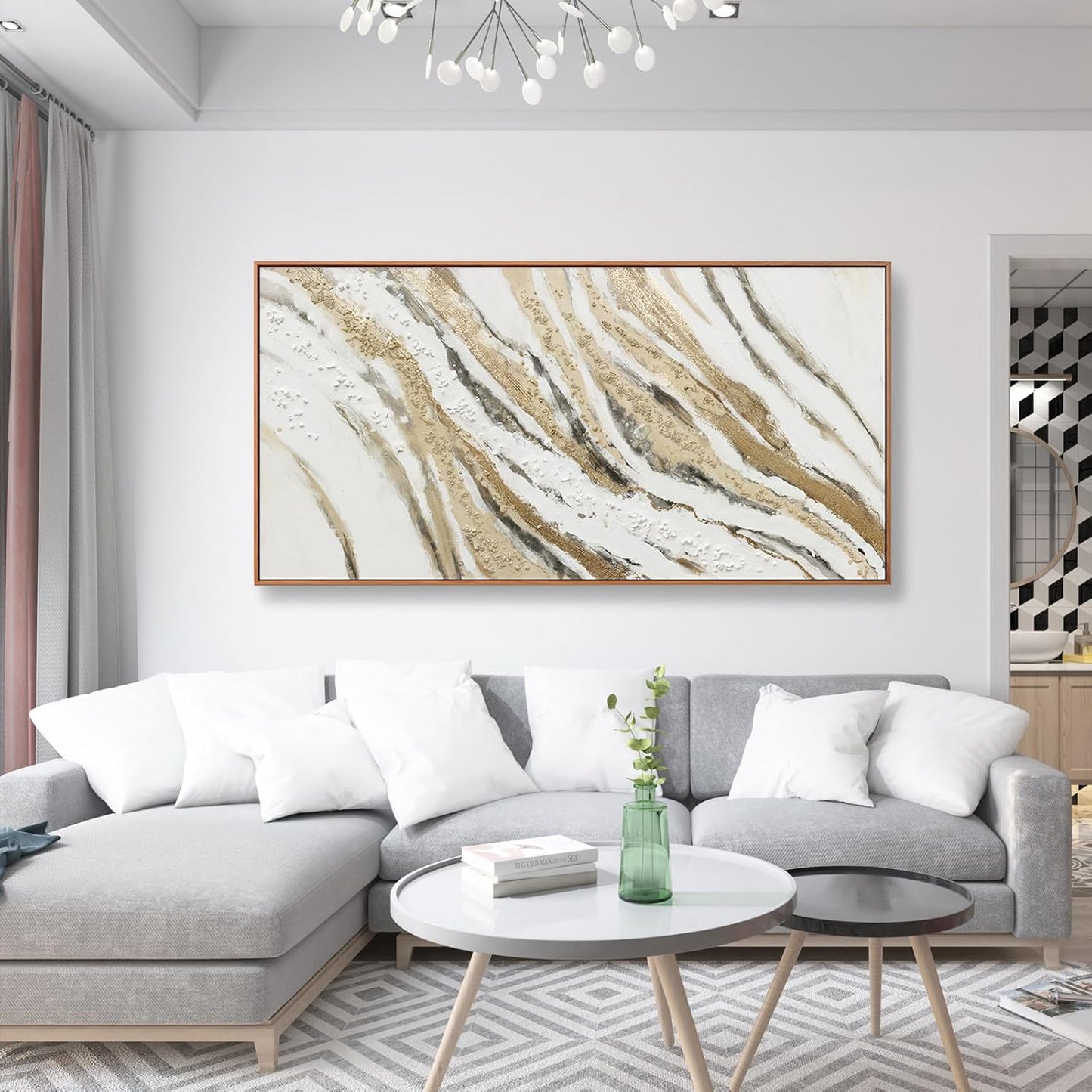 Abstract Canvas Wall Art Large Size Modern Art Paintings Abstract Painting With Golden And White Lines Minimalist Artwork Decor For Living Room Bedroom Corridor Framed 29" X 58"