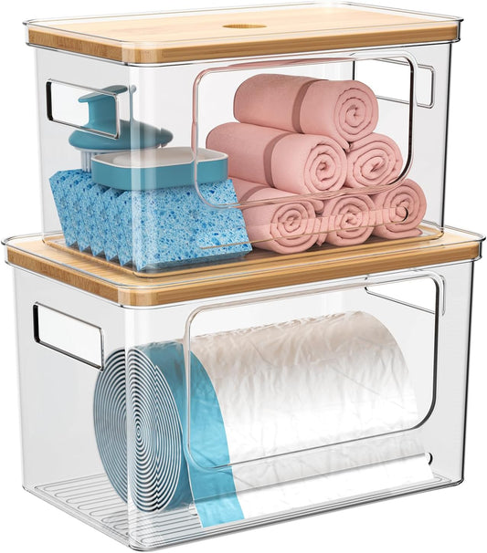 Trash Bag Holder Dispenser with Bamboo Lid, 2 Pack Clear Stackable Plastic Grocery Bag Holder for Home Kitchen Pantry Countertop, Medium & Large Wall Mounted Storage Bins for Onion Potato Storage