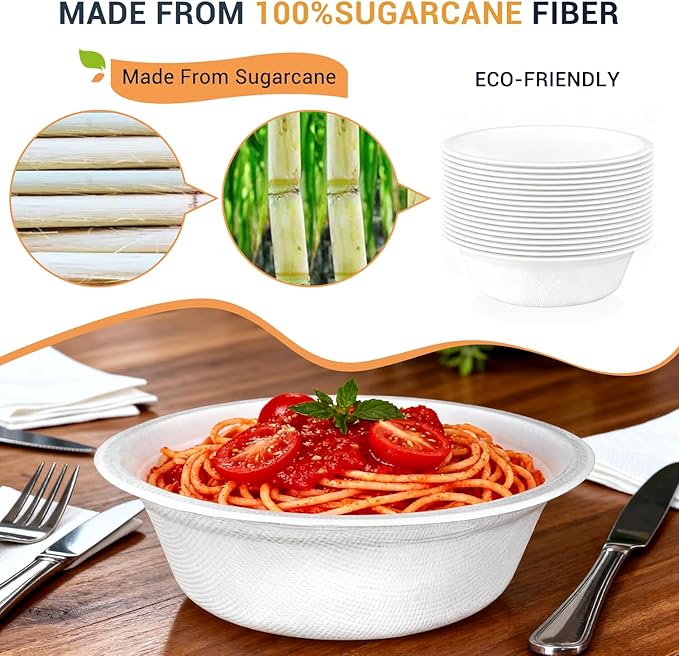 100 Pack 12oz Compostable Paper Bowls Small Disposable Soup Bowls White Natural Sugarcane Biodegradable Bowls for Ice Cream, Desserts, Salads, Pet Food