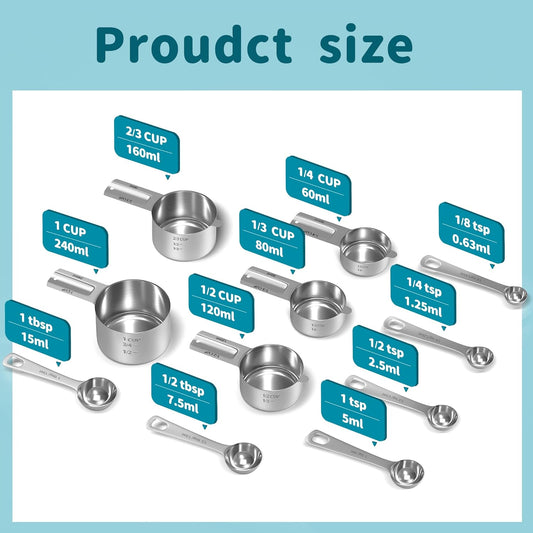 Measuring Cups and Spoons Set, Stainless Steel Measuring Cups Measuring Spoons with Easy to Read Markings, Ideal Kitchen Gadgets for Cooking & Baking, 11 Pack
