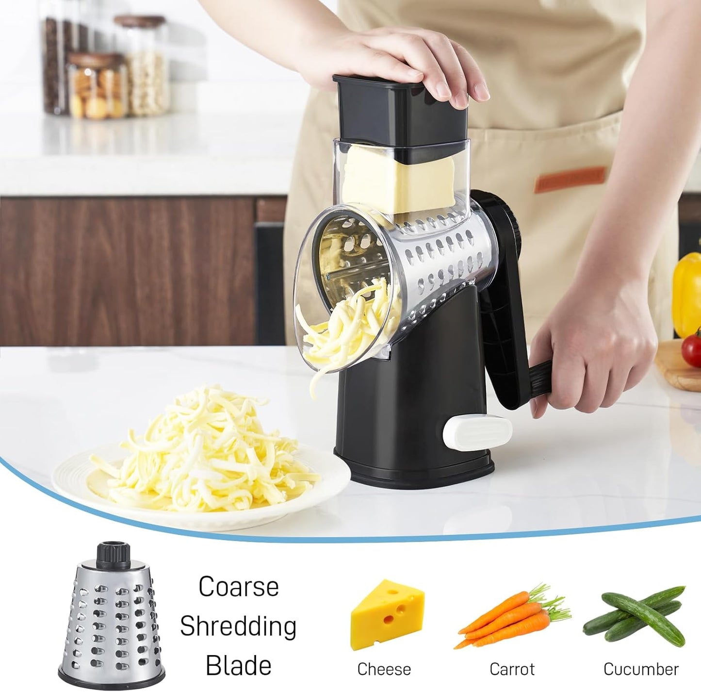 VEKAYA Cheese Grater, Cheese Grater Hand Crank, 4 Interchangeable Blades Cheese Shredder, Vegetable Slicer, Non-slip Suction Base, Easy to Clean Rotary Grater with Handle (Black)