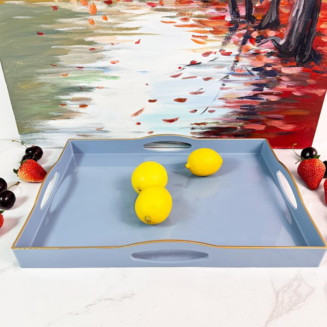 Blue Serving Tray with 4 Handles, Plastic Decorative Tray for Coffee Table, Ottoman - Ideal for Living Room & Bathroom. 15” x 11” x 1.9”