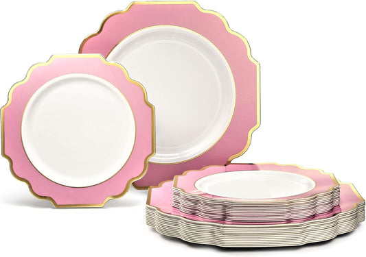 " OCCASIONS " 50 Plates Pack (25 Guests)-Heavyweight Wedding Party Disposable Plastic Plate Set -(25x10.5'' Dinner + 25x8'' Salad/Dessert) (Imperial in Rose Pink & Gold)