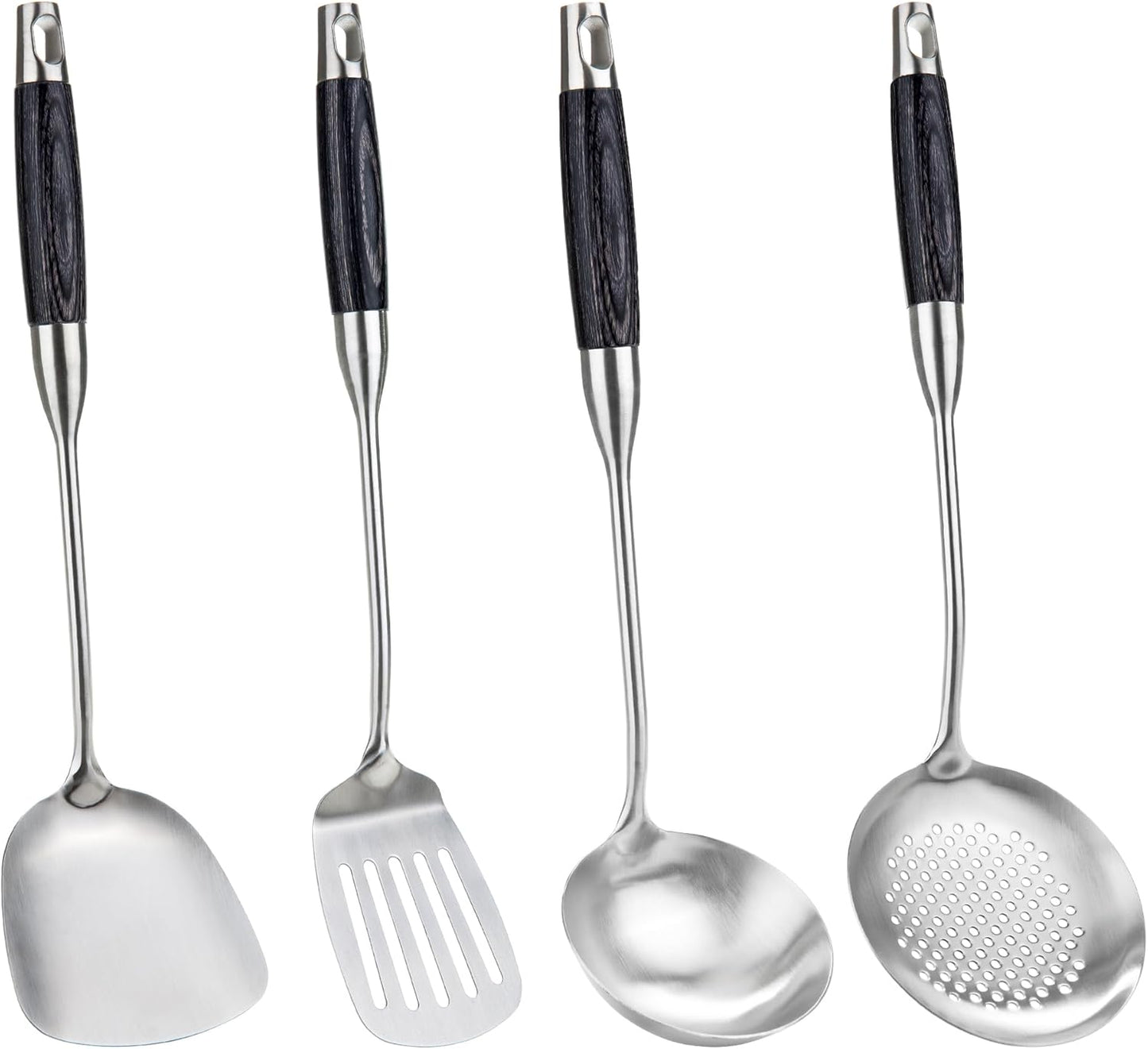 FJNATINH Wok Spatula Set of 4, Spatula Slotted Turner, Soup Ladle, Slotted Spoon for Cooking Utensils with Wooden Handle, Kitchen Stainless Steel Spatulas Cooking Spoons