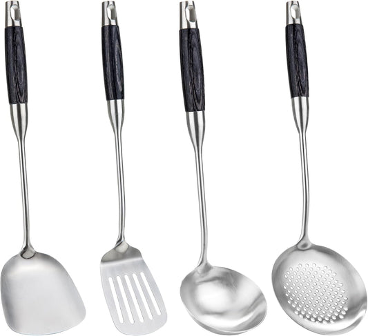 FJNATINH Wok Spatula Set of 4, Spatula Slotted Turner, Soup Ladle, Slotted Spoon for Cooking Utensils with Wooden Handle, Kitchen Stainless Steel Spatulas Cooking Spoons