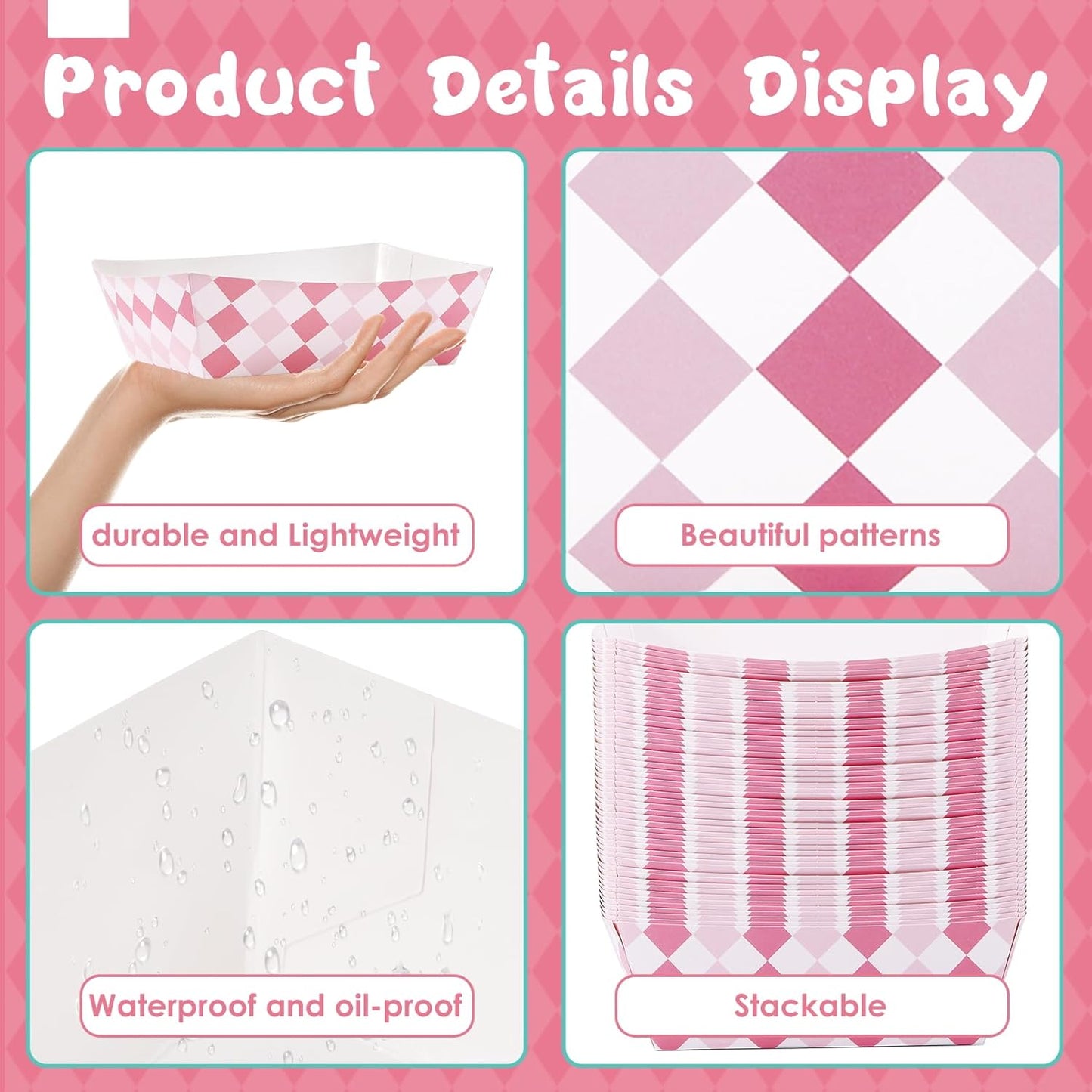 Blcculi 100 Pack Gingham Paper Food Trays,Gingham Party Supplies,Disposable Paper Food Boat,Snack Serving Trays for Nacho,Baby Shower,Birthday Party,Wedding (Pink + White)