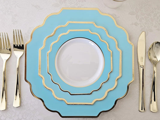 " OCCASIONS " 120 Plates Pack,(60 Guests) Heavyweight Wedding Party Disposable Plastic Plates -60 x 10.5'' Dinner + 60 x 8'' Salad/Dessert Plate (Imperial Aqua/Gold))