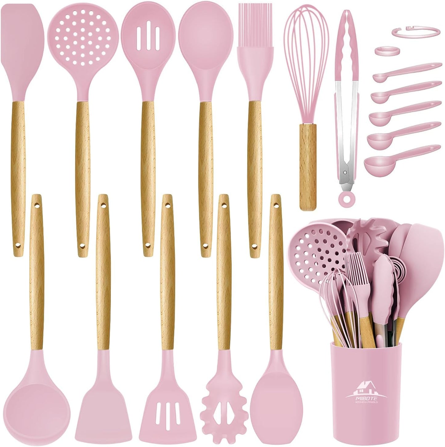 MIBOTE Silicone Cooking Kitchen Utensils Set with Holder, Wooden Handles BPA Free Silicone Turner Tongs Spatula Spoon Kitchen Gadgets Utensil Set for Nonstick Cookware (Pinky)