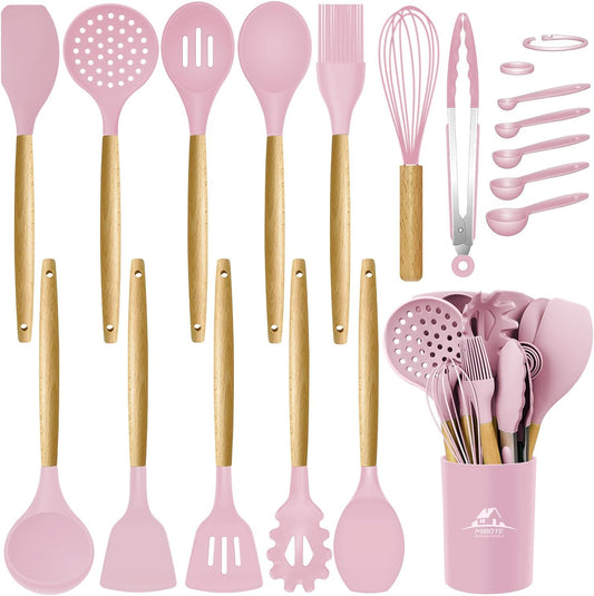 MIBOTE Silicone Cooking Kitchen Utensils Set with Holder, Wooden Handles BPA Free Silicone Turner Tongs Spatula Spoon Kitchen Gadgets Utensil Set for Nonstick Cookware (Pinky)
