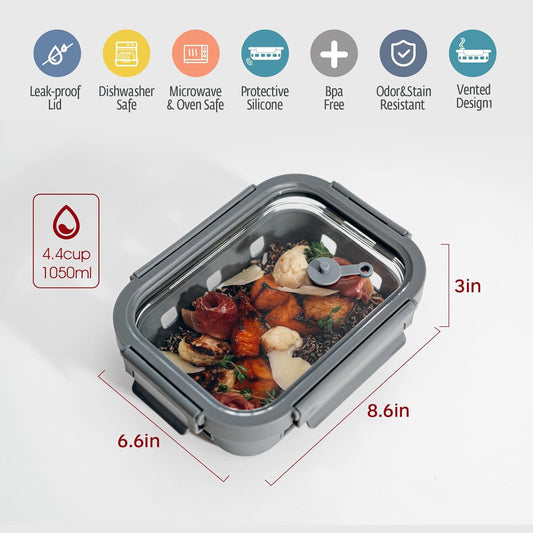 Glass Food Storage Containers With Glass Lids Bento Box Set Lunch Box Eco Friendly Meal Prep Containers Airtight – Plastic Free, Silicon Sleeve Bpa Free 4.4cup/ 5 * 1050ml