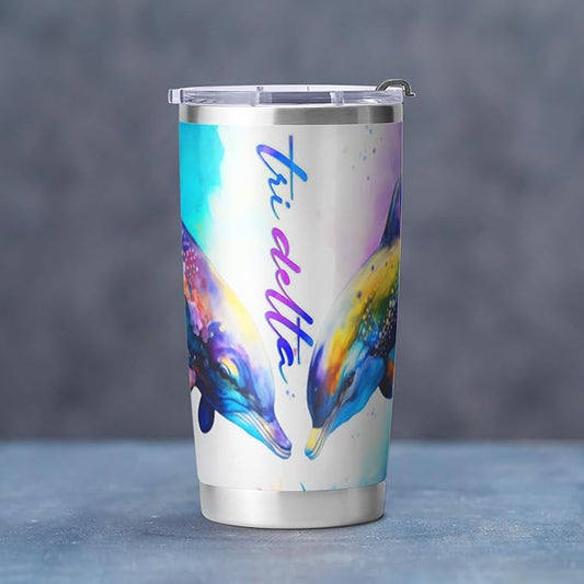 Tri Delta Sorority Paraphernalia - Official Vendor - 20 oz Stainless Steel Insulated Sublimation Tumblers - Dolphins Rainbow