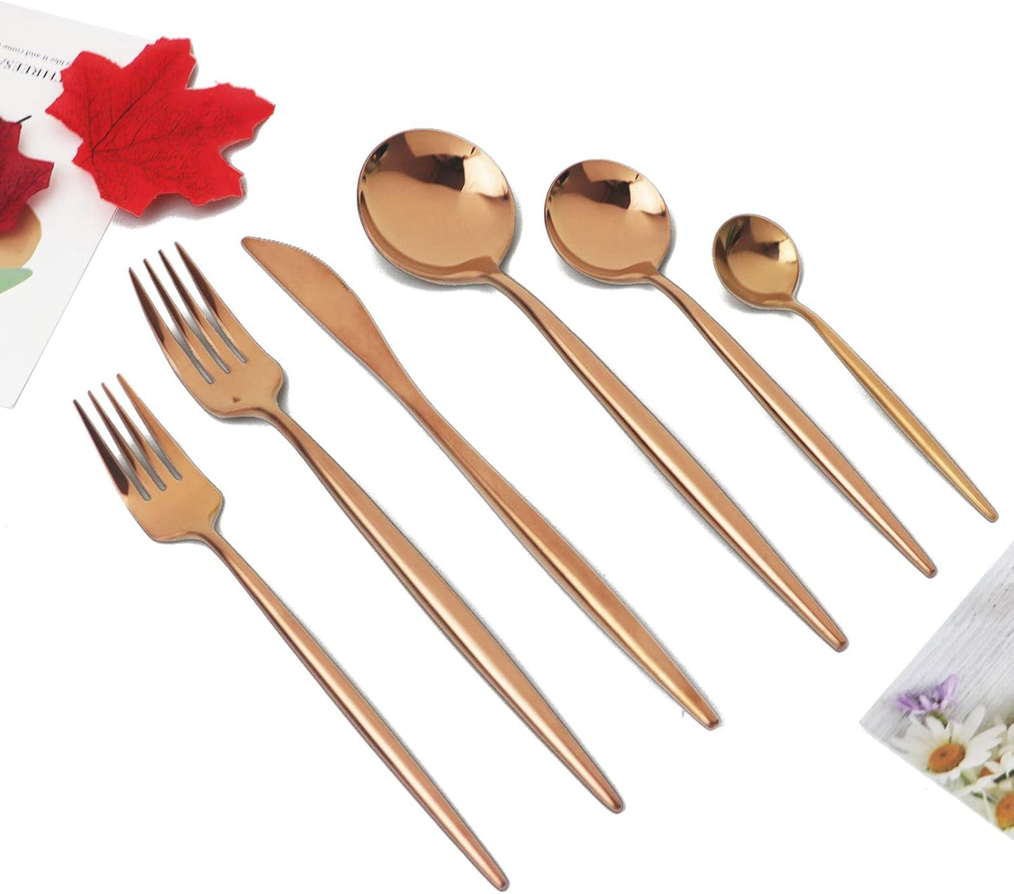 JASHII 24 Pieces Cutlery Flatware Set 304 Stainless Steel Home Kitchen Set, Mirror Polished, Knife/Fork/Spoon, Modern Elegant Tableware Set for Party, Christmas, Dinner (Rose gold)