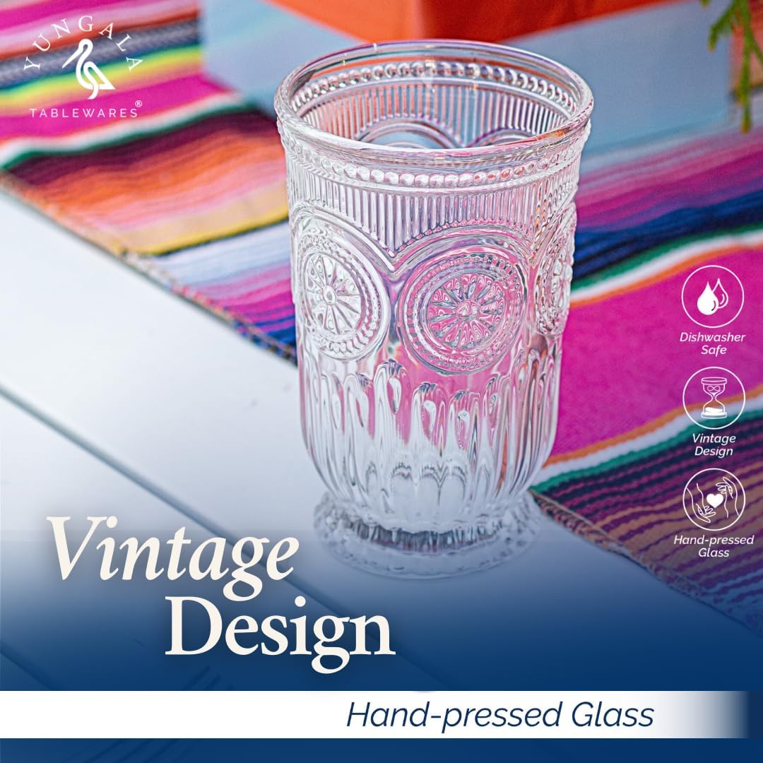 Yungala Highball Glasses set of 6 Vintage Glassware water glasses with unique footed design and pressed sunflower and hobnail motif - hand crafted without lead - dishwasher friendly