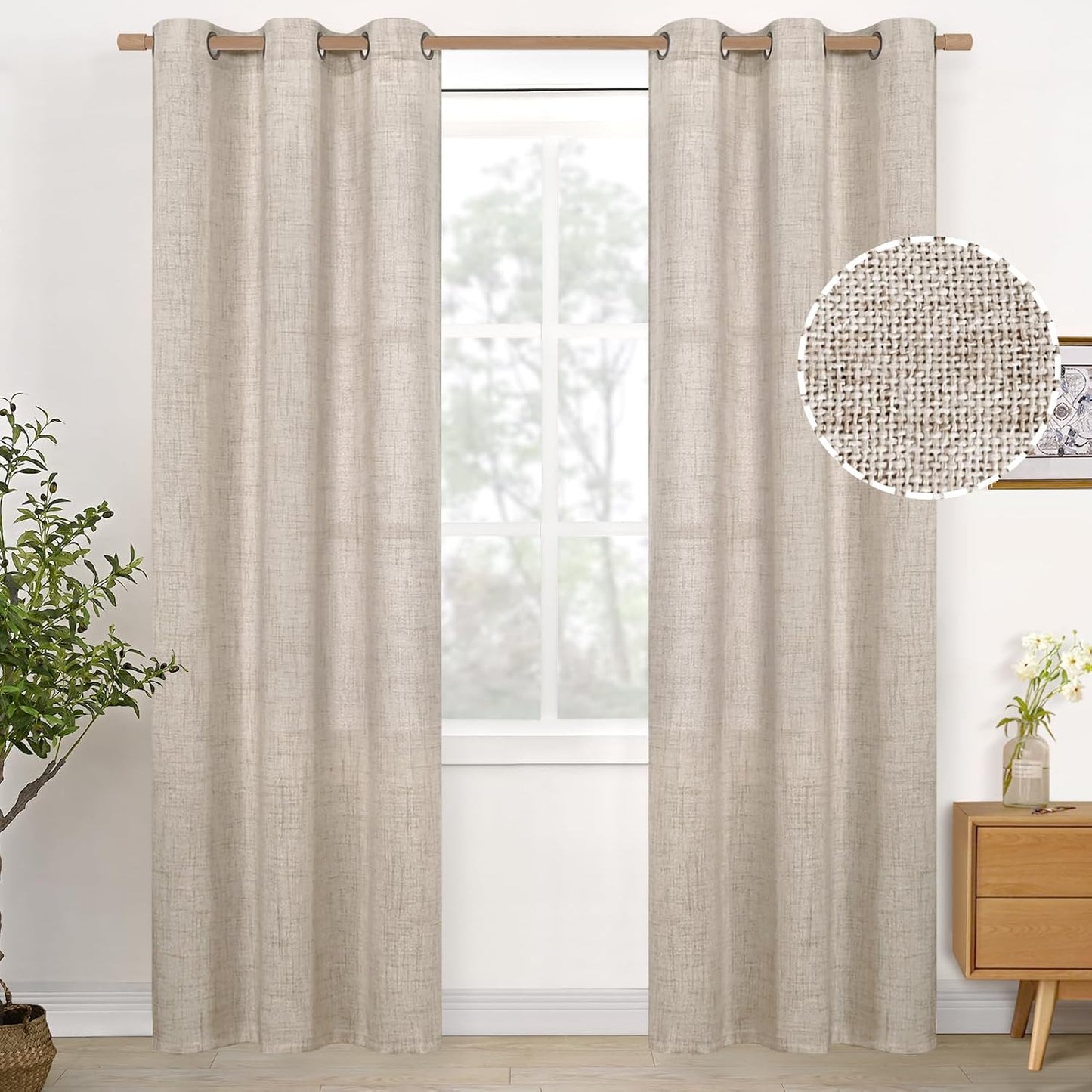 YoungsTex Natural Linen Curtains 84 Inches Long for Bedroom, Bronze Grommet Semi Sheer Window Treatments Rustic Light Filtering Drapes for Living Room Dining, 2 Panels, 42 X 84 Inch