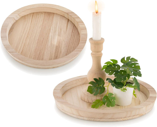 Hanobe Wood Decorative Tray：Set of 2 Round Unfinished Wooden Craft Trays DIY Ottoman Serving Tray Centerpiece Candle Holder Trays for Kitchen Countertop Crafts Art Home Decor Montessori Activity