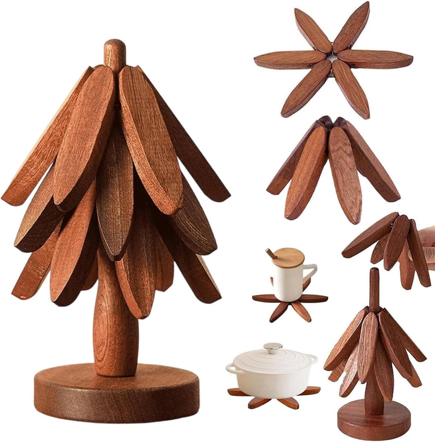 Walnut Wood Tree Trivet Set, Wooden Trivets for Hot Dishes-Tree Shape Trivet Set, Foldable Kitchen WoodenTrivet,for HotDishes Pot Bowl Teapot Hot Pot Holder (Walnut-3 Bracket)