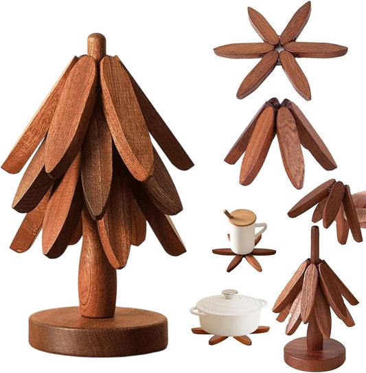 Walnut Wood Tree Trivet Set, Wooden Trivets for Hot Dishes-Tree Shape Trivet Set, Foldable Kitchen WoodenTrivet,for HotDishes Pot Bowl Teapot Hot Pot Holder (Walnut-3 Bracket)