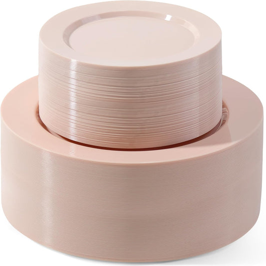 200 PCS Pink Plastic Plates, Plastic Disposable Plates Include 100 Dinner Plate and 100 Dessert Plate Perfect for Holiday, Birthday, Wedding & Party