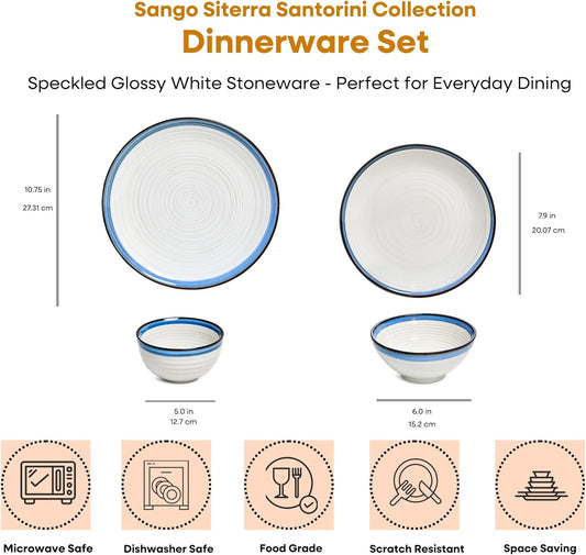 Sango Siterra Santorini 16-Piece Stoneware Dinnerware Set for 4, Ceramic White Plates and Bowls Sets with Blue Rim & Reactive Glaze, Chip Resistant Dish Set, Microwave & Dishwasher Safe Kitchen Dishes