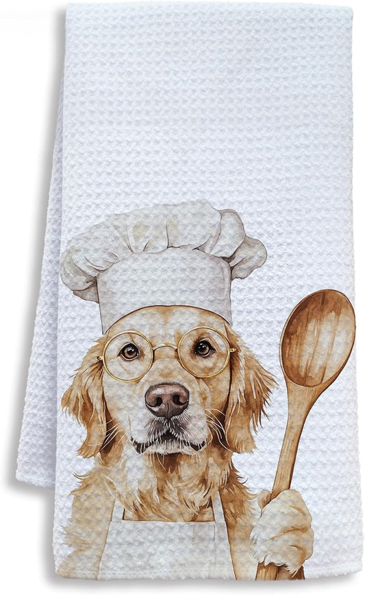 Funny Golden Retriever Chef Kitchen Towels, Gifts for Golden Retriever Lovers Dish Tea Towels for Kitchen, Chef Gifts for Men Women Decorative Hand Towel, 16x24 Inch
