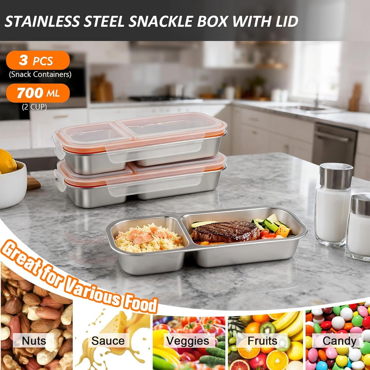 3 Pack Stainless Steel Snack Containers with Lids, Leakproof Lunch Box Containers, Reusable 2 Compartment Snackle Box, Grab and Go lunchable container for Travel