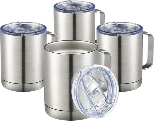 MEWAY 12oz Coffee Mug With Handle 4 Pack Bulk,Stainless Steel Insulated Travel Tumblers With Sliding Lid,Double Wall Vacuum Camping Cup for Hot & Cold Drinks Tea (Sliver,Set of 4)