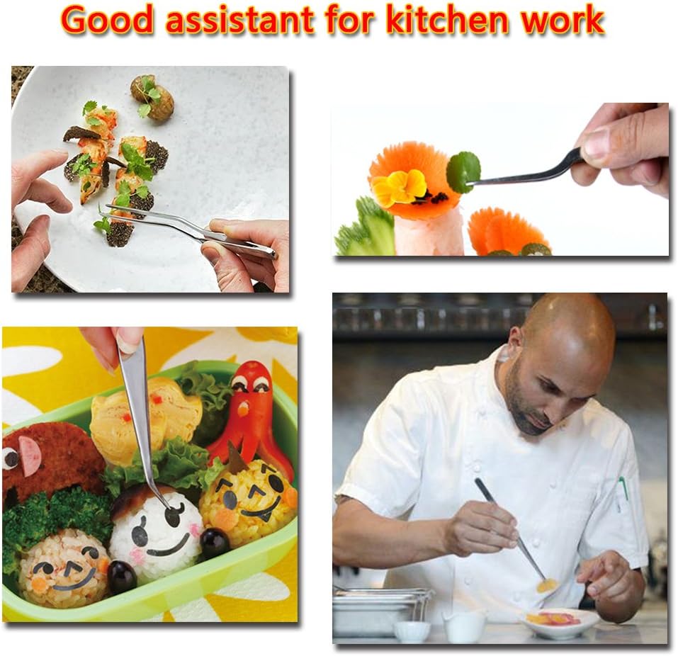 Kitchen Cooking Tweezers Culinary,3 Piece Set Stainless Steel Tweezer Precision Tongs Offset Tip for Cooking Food Design styling(6.3-Inch)