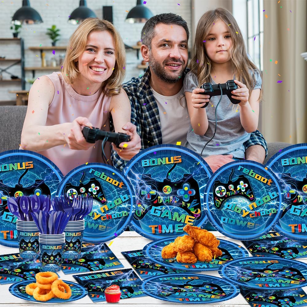 142 Pcs Video Game Birthday Decorations Gaming Birthday Party Supplies Disposable Paper Plates Napkins Cups Serve 20