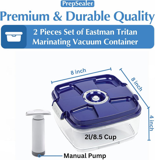 PrepSealer Marinating Vacuum System Container-Makes Food Tastier, Juicier, Healthier and More Tender (2 Liter, Square Shape, Tritan Material, Blue Color, Manual Hand Pump Included)