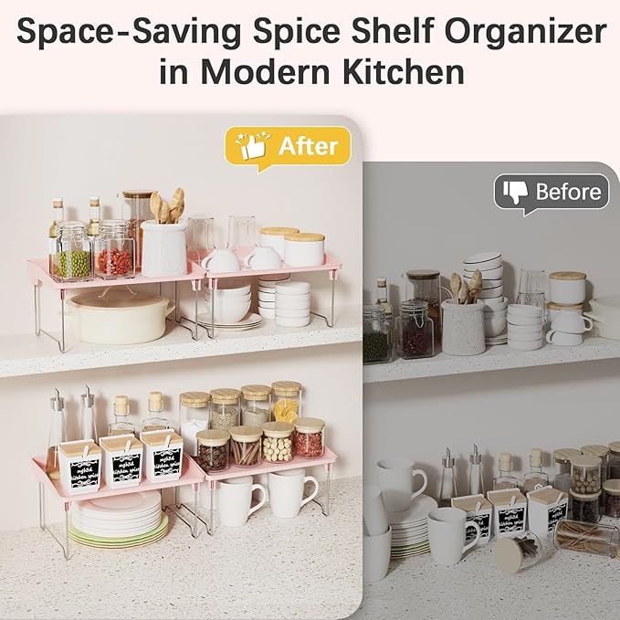 2 Pcs Cabinet Organizer Shelf，Stackable Kitchen Counter Shelves, Spice Rack,Countertop Organizers，Pink Plastic Storage Shelves Rack for Makeup，Bathroom, Cupboard，Desk，Pantry Organization