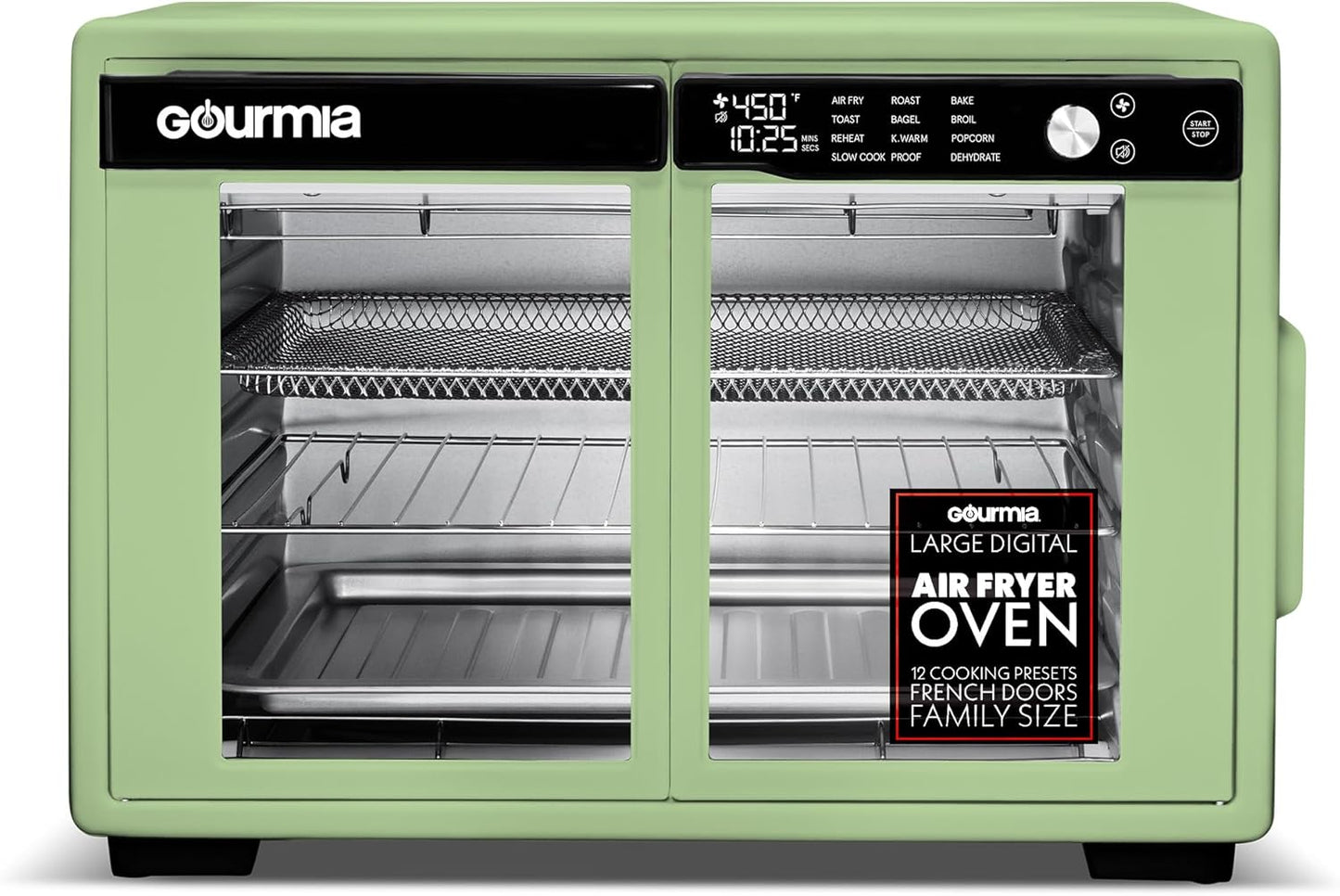Gourmia French Door Digital Air Fryer Oven - XL 37QT Capacity, 12 Presets, FryForce 360° Tech, Dehydrate, Proof, Slow Cook, Fits 13” Pizza, 1700W, Green