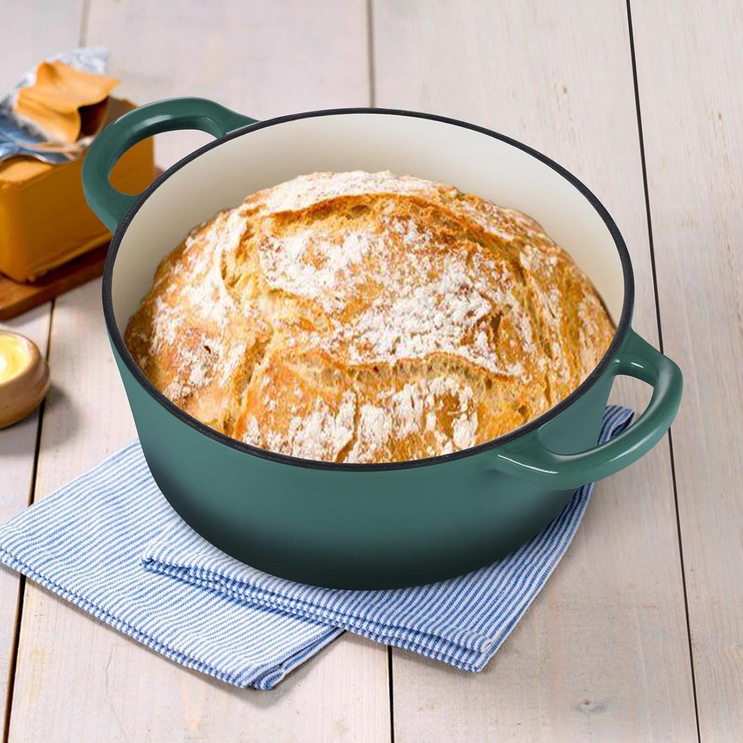 E-far 3 Qt Enameled Cast Iron Dutch Oven with Lid, Small Round Nonstick Dutch Oven Pot for Bread Baking Braising Stews Roasting Cooking, Heavy Duty, Induction & Oven Safe - Forest Green