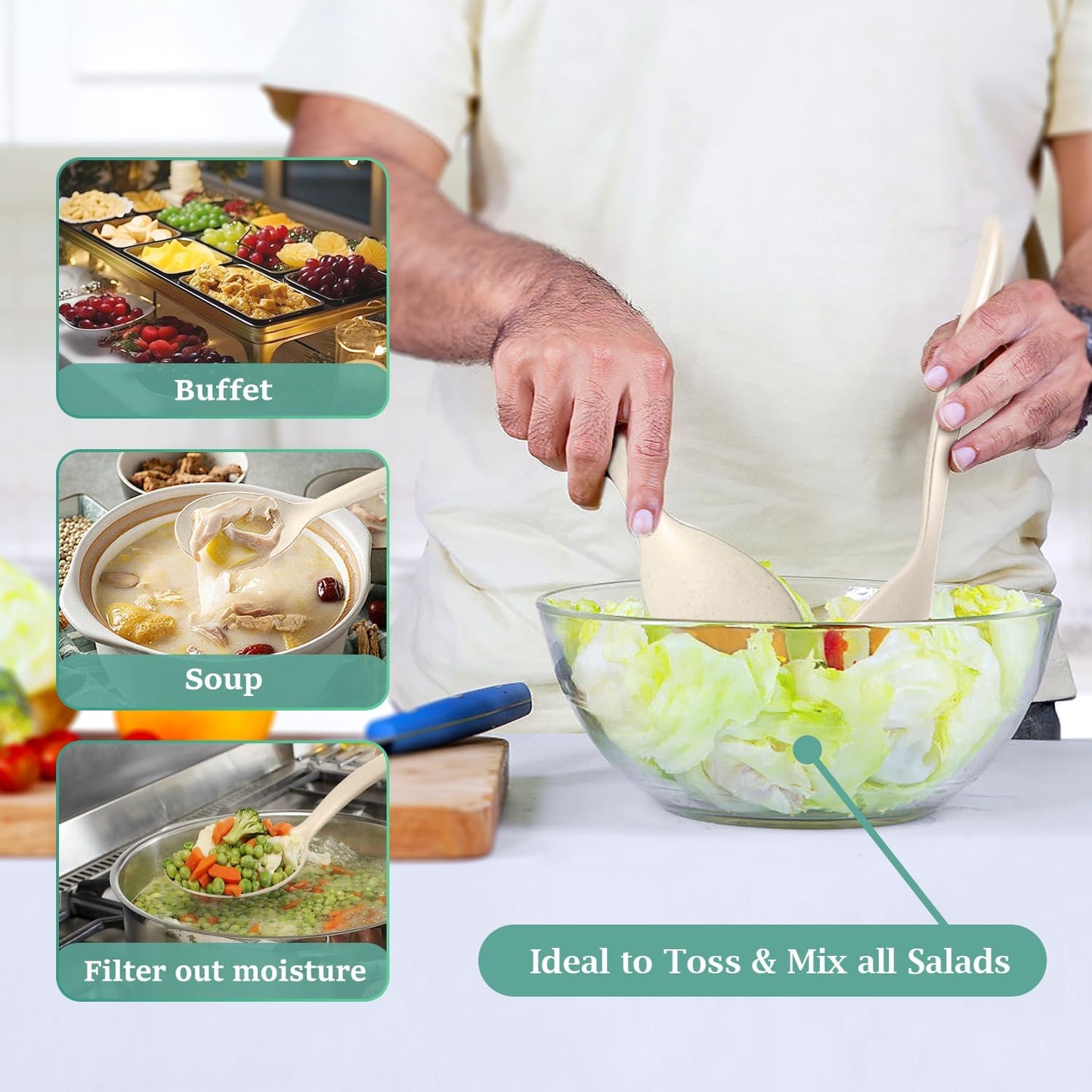 8 Pack 10" Large Reusable Plastic Wheat Straw Serving Spoon Set, 4 Serving Spoons & 4 Slotted Spoons, Kitchen Mixing Serving Spoon for Buffet Chafing Dish Catering (Khaki, Not for Cooking)